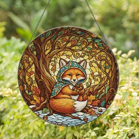 Fox Cub Acorns Autumn Leaves Snowy Tree Trunk Forest - Home Decor Gift for Nature Lovers Stained Glass Suncatcher