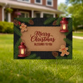 Merry Christmas Blessings Lantern Pinecone Gingerbread - Christmas Holiday Decor Yard Sign