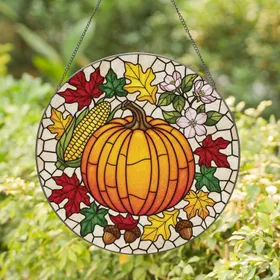 Plump Pumpkin Autumn Leaves Corn Acorns Blossoms - Autumn Home Decor Gift for the Season Stained Glass Suncatcher