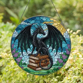 Majestic Black Dragon Ancient Spellbooks Lilac Flowers Sunburst - Fantasy Home Decor Gift Stained Glass Suncatcher