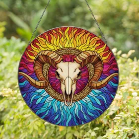 Ram Skull Ornate Halo Mosaic - Home Decor Gift for Wildlife Lover Stained Glass Suncatcher