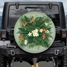 Plumeria Bird-of-Paradise Tropical Leaves Jungle - Outdoor Living Nature Lover Spare Tire Cover