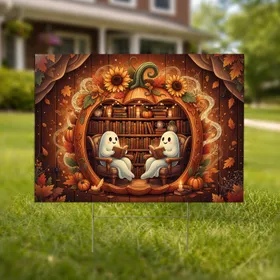 Wooden Pumpkin Library Ghosts Reading Books & Sunflowers - Autumn Halloween Home Decor Yard Sign