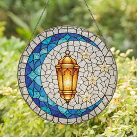 Warm Amber Glowing Arabic Lantern Blue Crescent Moon Luminous Stars - Home Decor Gift Stained Glass Suncatcher