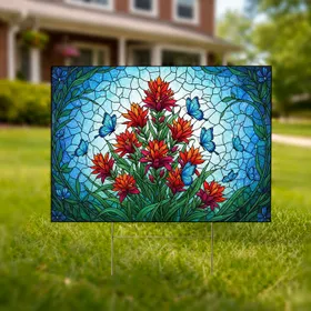 Stained Glass Spiky Flowers Blue Butterflies - Home Decor Gift Yard Sign
