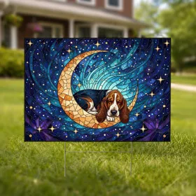 Basset Hound Moon Stained Glass Celestial Night Home Decor Gift Yard Sign