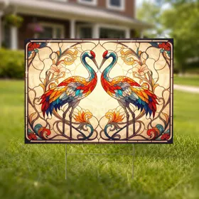 Stained Glass Embracing Cranes Art Nouveau Floral Vines - Wildlife Lover Home Decor Gift Yard Sign
