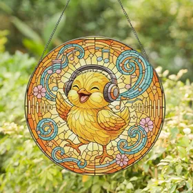 Baby Chick Headphones Music Notes Floral Stars Shards - Music Lover Home Decor Gift Stained Glass Suncatcher
