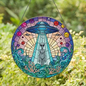 UFO Alien Abduction Beam Celestial Planets Underwater Flora - Sci-Fi Decor Gift Stained Glass Suncatcher