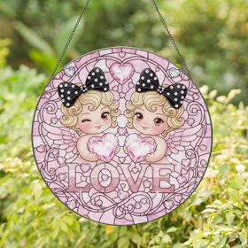 Angelic Cherubs Winking Heart Jewels LOVE Text Celestial Mosaic - Home Decor Gift Stained Glass Suncatcher