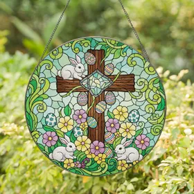 Easter Cross Bunnies Eggs Flowers - Easter Holiday Gift Stained Glass Suncatcher
