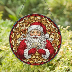 Santa Claus Golden Bell Wide Smile - Christmas Holiday Home Decor Gift Stained Glass Suncatcher