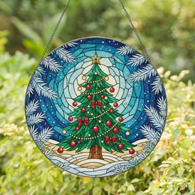 Stained Glass Christmas Tree Bauble Lights - Winter Holiday Home Decor Stained Glass Suncatcher