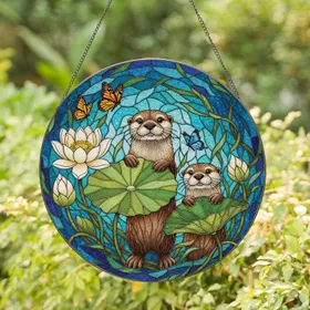 Playful Otters Lotus Butterflies Aquatic Flora - Home Decor Gift for Wildlife Lover Stained Glass Suncatcher