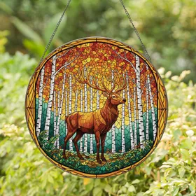 Majestic Stag Forest Clearing Birch Trees Autumn Leaves - Wildlife Lover Home Decor Gift Stained Glass Suncatcher