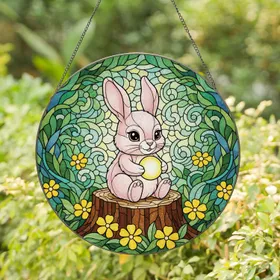 Baby Rabbit Light Orb Yellow Blossoms - Home Decor Gift for Wildlife Lover Stained Glass Suncatcher