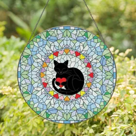 Black Cat Red Heart Multi-Color Hearts Clear Blue Green Glass - Home Decor Gift for Cat Lover Stained Glass Suncatcher