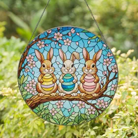 Bunnies Easter Egg Cherry Blossoms - Easter Spring Home Decor Gift Stained Glass Suncatcher