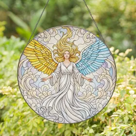 Ethereal Angel Figure Golden Blue Wings Mosaic - Radiant Celestial Home Decor Gift Stained Glass Suncatcher