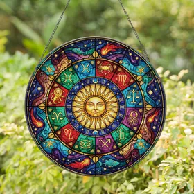 Grand Zodiac Wheel Astrology Symbols Celestial Sun Home Decor Gift for Astrology Lover Stained Glass Suncatcher