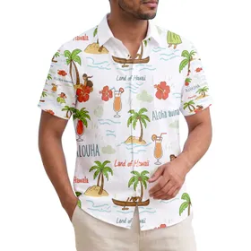 Hula Dancer Palm Tree Canoe Hibiscus Tropical Cocktail Scene - Hawaii Travel Gift Hawaiian Shirt