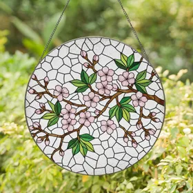 Cherry Blossom Floral Branches Pink Flowers Green Leaves - Home Decor Gift for Garden Lover Stained Glass Suncatcher