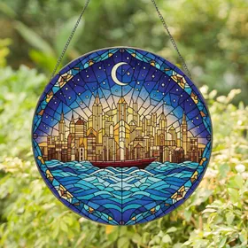 Night Cityscape Crescent Moon Boat Stars Waves - Home Decor Gift for Window Display Stained Glass Suncatcher