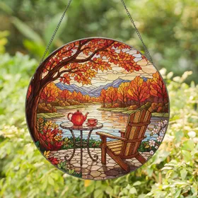Autumn River Landscape Patio Teapot Adirondack Chair Scene - Fall Season Home Decor Gift Stained Glass Suncatcher