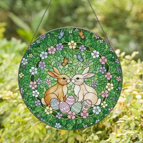 Bunnies Easter Eggs Floral Wreath - Easter Home Decor Gift for Bunny Lover Stained Glass Suncatcher
