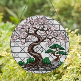 Gnarled Cherry Blossom Tree Sakura Bonsai Lush Shrubbery Rocky Formations - Home Decor Gift Stained Glass Suncatcher