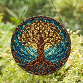 Ancient Celtic Tree of Life Knotwork Hearts Sky Clouds - Home Decor Gift Stained Glass Suncatcher