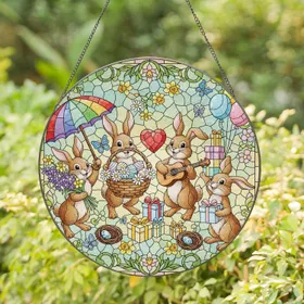 Brown Bunny Easter Eggs Spring Flowers - Easter Celebration Gift Stained Glass Suncatcher