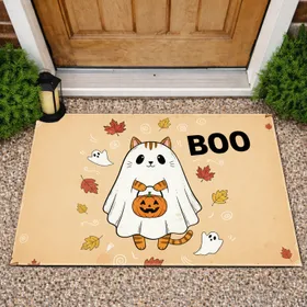 Striped Ginger Ghost Cat Pumpkin BOO Autumn Leaves - Halloween Party Cat Lover Gift Doormat