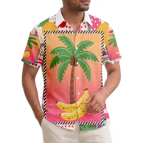 Striped Border Palm Tree Banana Pineapple Cherry Strawberry Sunset - Home Decor Gift Hawaiian Shirt