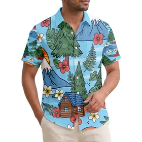 Blue Mountain Cabin Setting Sun Hibiscus Plumeria Fern Floral - Home Decor Gift Hawaiian Shirt