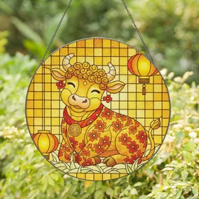 Golden Calf Red Floral Ornaments Chinese Lanterns Home Decor Gift for Calf Lover Stained Glass Suncatcher
