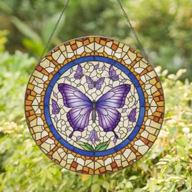 Purple Blue Butterfly Tiffany Stained Glass Bellflower - Home Decor Gift for Butterfly Lover Stained Glass Suncatcher
