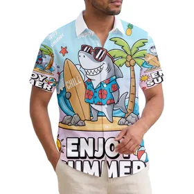 Grinning Cartoon Shark Surfboard Beach Scene - Summer Vacation Lifestyle Gift Hawaiian Shirt