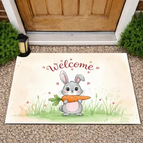 Grey Rabbit Orange Carrot Welcome Home Decor Gift for Rabbit Lover Doormat