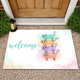 Four Stacked Cartoon Cats Welcome Script Entryway Decor for Home Cat Lover Doormat