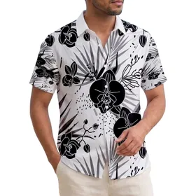 Black Orchid Blossoms Palm Fronds Tropical Foliage Abstract Shapes - Home Decor Gift Hawaiian Shirt