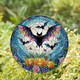 Black Bat Jack-o'-Lantern Floral Celestial Full Moon - Halloween Decor Gift Stained Glass Suncatcher