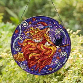 Flying Witch Black Cat Broom Autumn Leaves - Halloween Party Gift Stained Glass Suncatcher