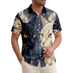 Black Cream Cat Faces Golden Eyes Tropical Flora Starry Night - Tropical Lifestyle Gift Hawaiian Shirt