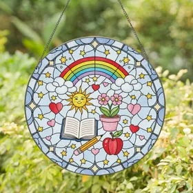 Smiling Sun Book Rainbow Apple Plant Stars Hearts - Teacher Appreciation Gift for Educators Stained Glass Suncatcher