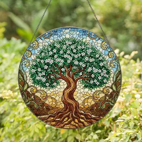 Ancient Gnarled Tree Blossoms Botanical Accents - Luminous Glass Window Decor Gift Stained Glass Suncatcher