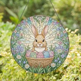 Easter Bunny Basket Decorated Eggs Spring Wildflowers Blooming Foliage - Easter Home Decor Stained Glass Suncatcher