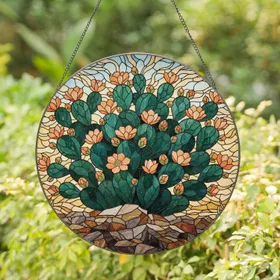 Stained Glass Prickly Pear Cactus Flowers Desert - Home Decor Gift for Garden Lover Stained Glass Suncatcher
