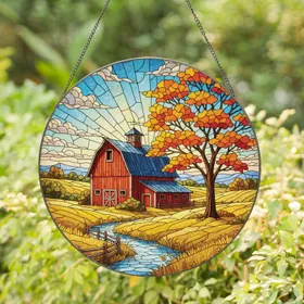Red Barn Golden Hay Field Stream Blue Sky Autumn Landscape - Farmhouse Home Decor Gift Stained Glass Suncatcher