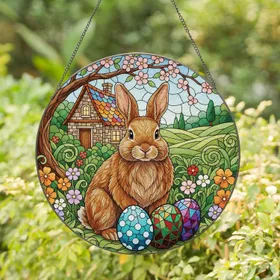 Fluffy Brown Rabbit Easter Eggs Cottage Floral Hills - Easter Holiday Gift for Rabbit Lovers Stained Glass Suncatcher